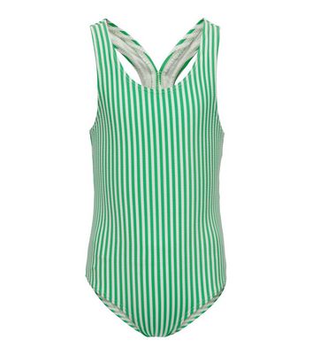 KIDS ONLY Green Stripe Cross Open Back Swimsuit New Look