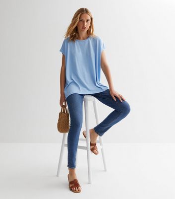 Pale Blue Fine Knit Dip Hem T-Shirt New Look