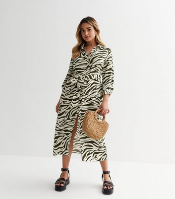 Petite Green Zebra Print Belted Midi Shirt Dress | New Look