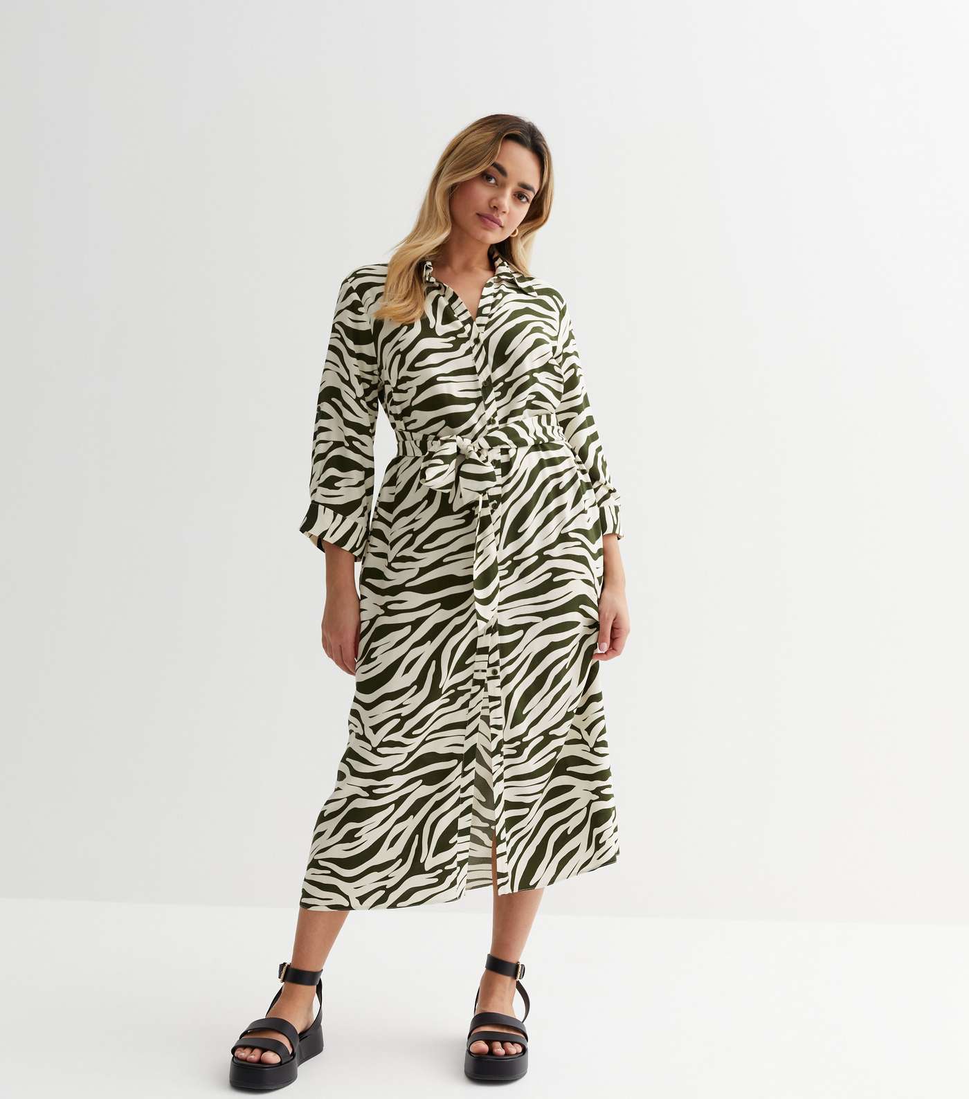 Petite Green Zebra Print Belted Midi Shirt Dress Image 3