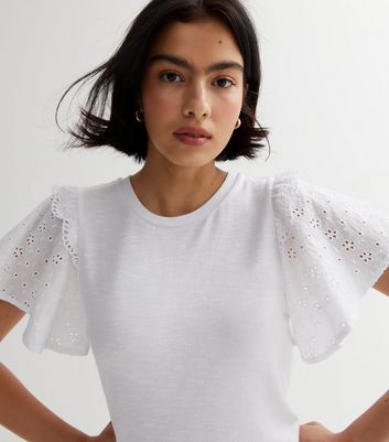 White Fine Knit Broderie Sleeve Top New Look