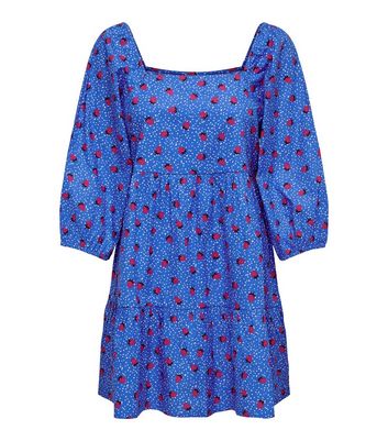 JDY Blue Strawberry Spot Poplin Tiered Mini Dress New Look