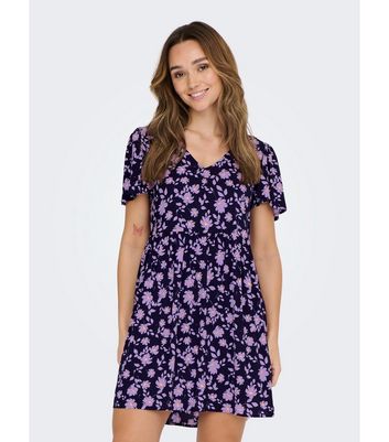 Jdy Blue Floral Short Sleeve Tiered Mini Dress | New Look