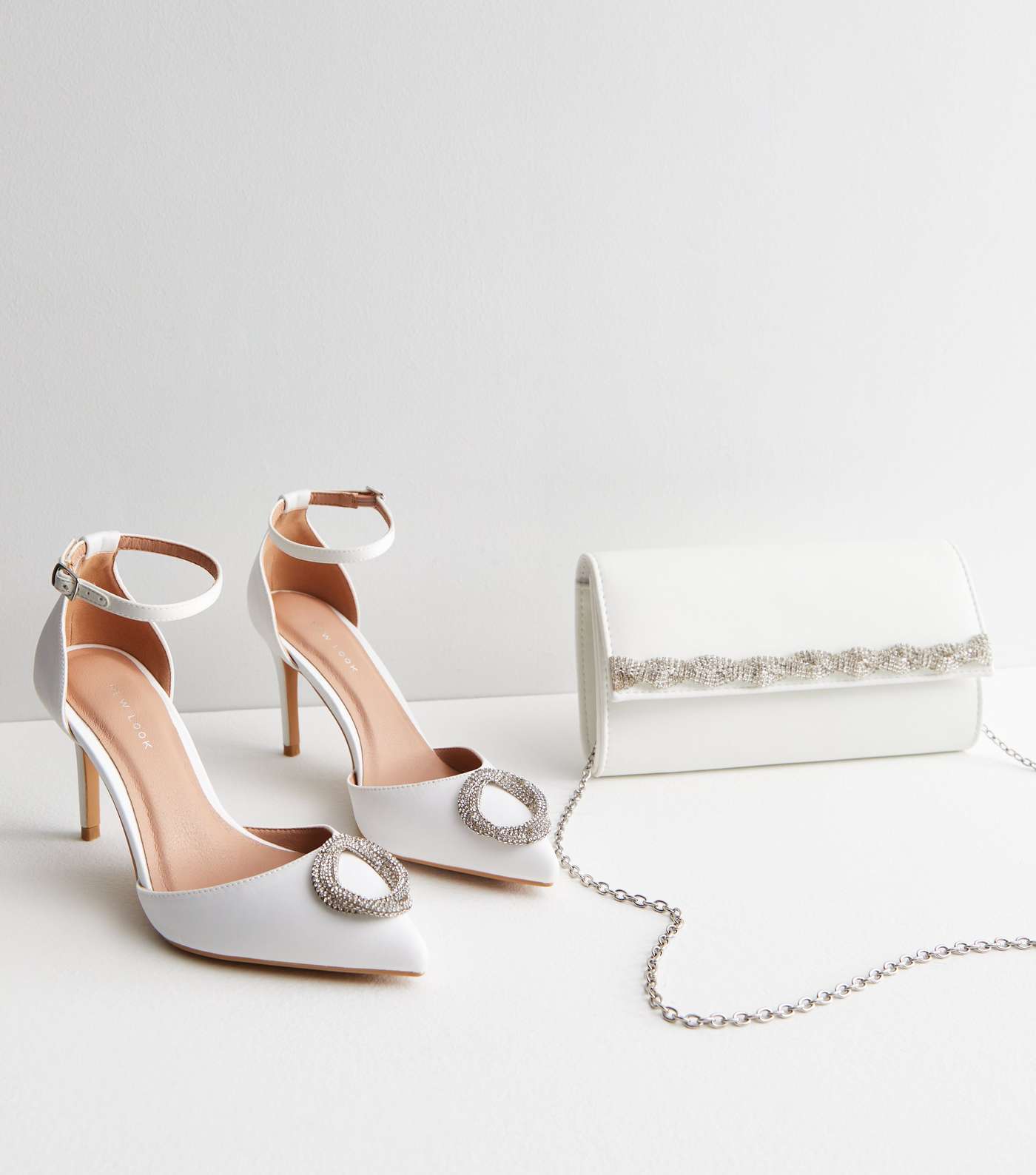 White Satin Embellished Pointed Stiletto Heel Court Shoes Image 3