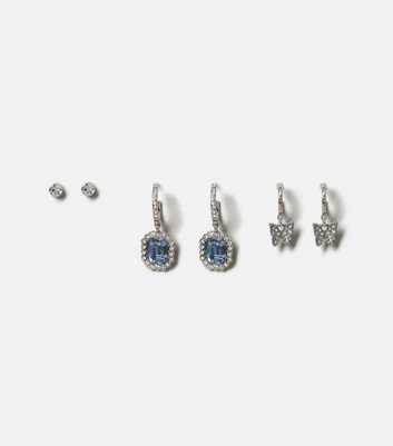Freedom 3 Pack Silver and Blue Diamanté Butterfly Hoop Earrings