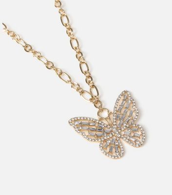 Freedom Gold Diamante Butterfly Pendant Necklace New Look