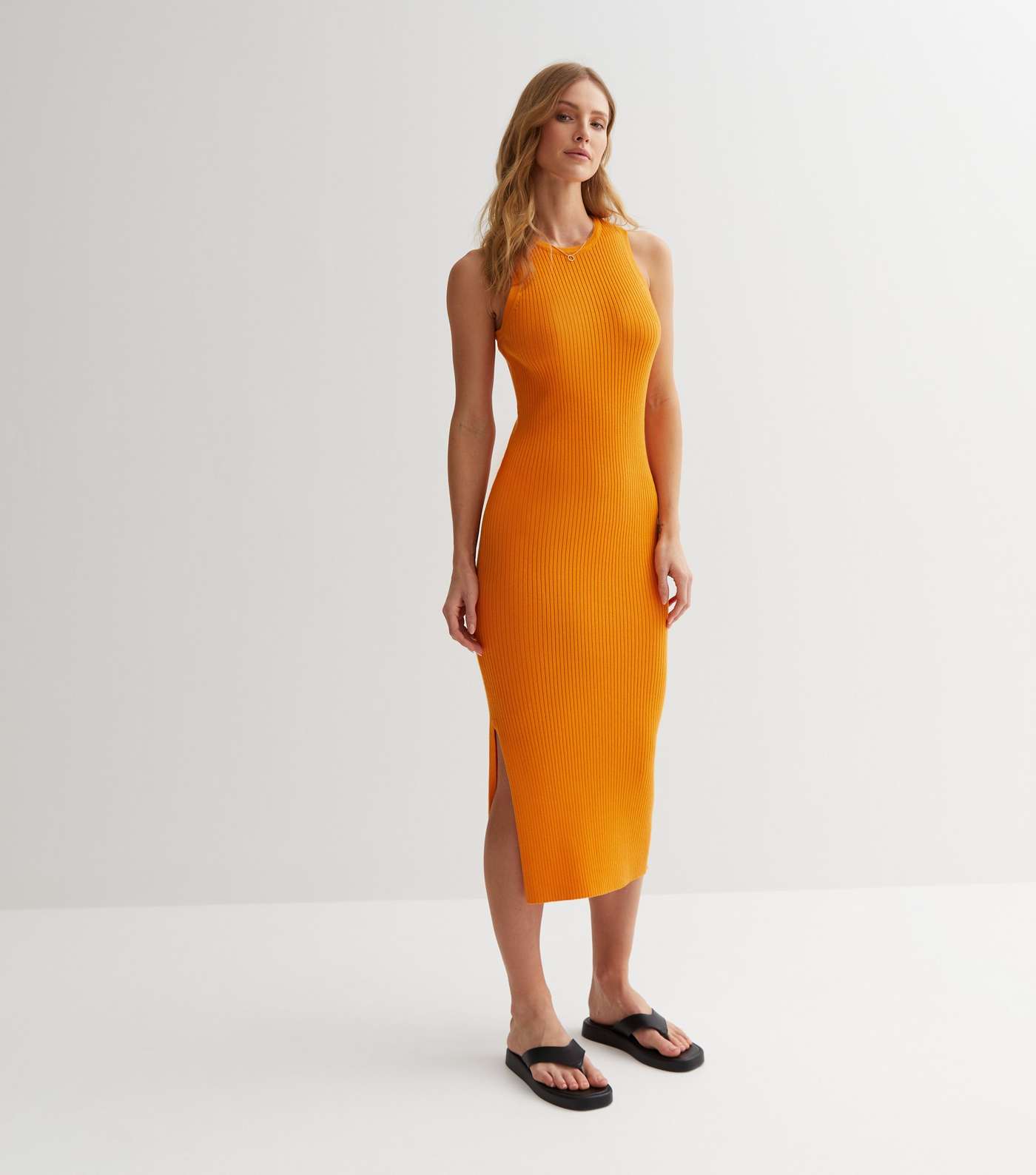 Bright Orange Ribbed Split Bodycon Midi Dress