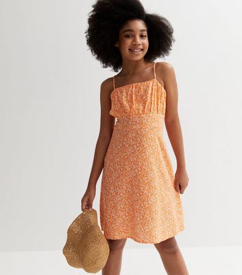 Girls Orange Floral Ruched Strappy Mini Dress New Look