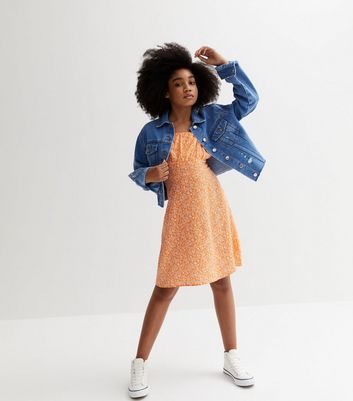 Girls Orange Floral Ruched Strappy Mini Dress New Look