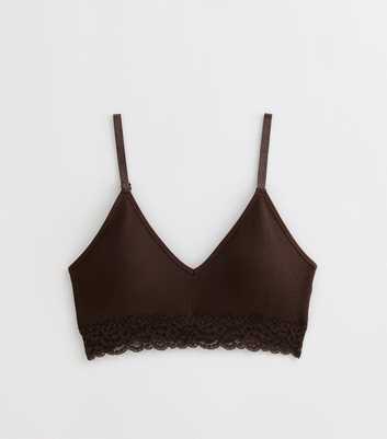 Brown Ribbed Seamless Lace Trim Bralette