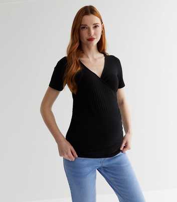 Maternity Black Ribbed Jersey V Neck T-Shirt