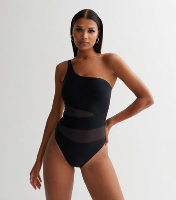 Black Mesh One Shoulder Swimsuit New Look