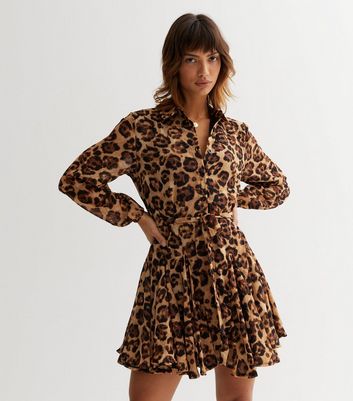 Brown Leopard Print Chiffon Mini Shirt Dress New Look