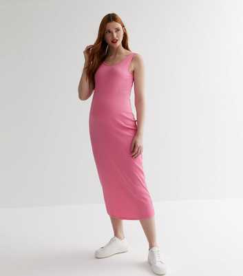 Maternity Pink Ribbed Racer Midi Bodycon Dress