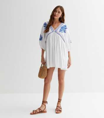 White Textured Embroidered Mini Smock Dress