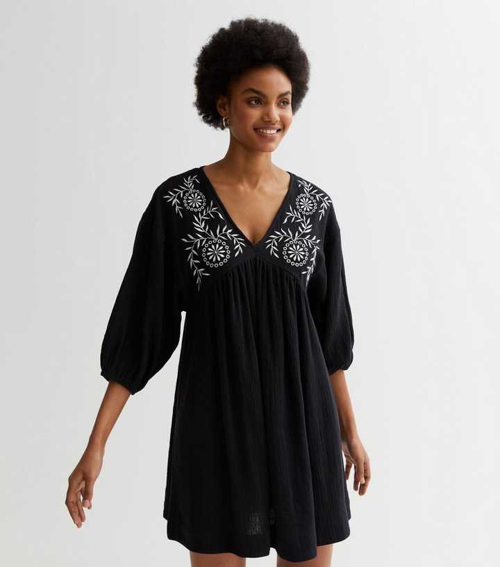 green emerald velvet dress Gavano Smock Neck Embroidered Dress