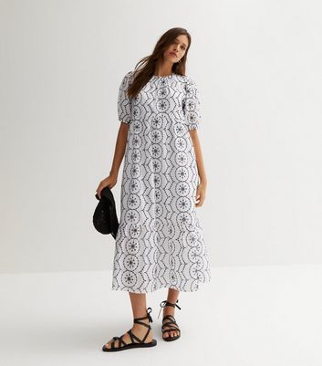 White Embroidered Midi Smock Dress New Look