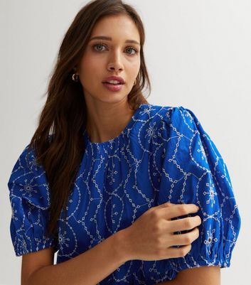 Blue Embroidered Midi Smock Dress New Look