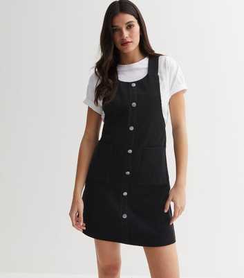 Black Cord Pocket Front Pinafore Dress