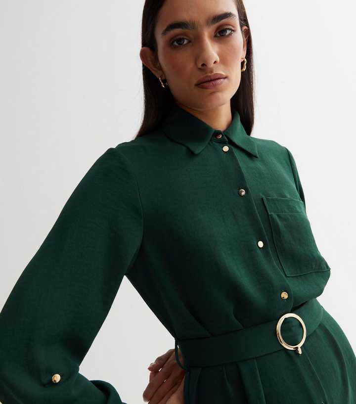 New Look Women's Dark Green Belted Mini Shirt Dress - UK 14