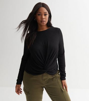 Black Brushed Ribbed Knit Twist Front Top New Look