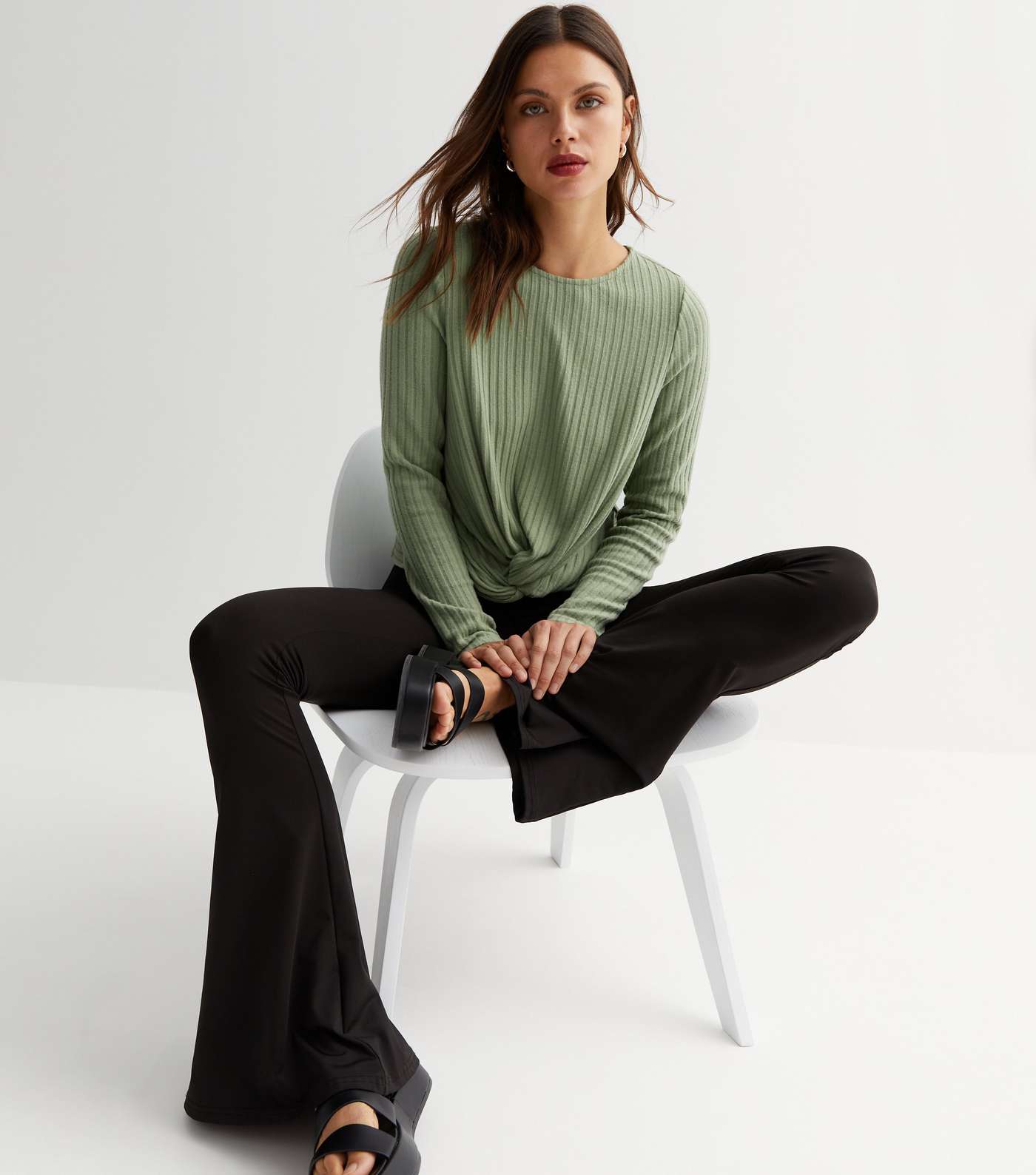 Olive Brushed Ribbed Knit Twist Front Top Image 2