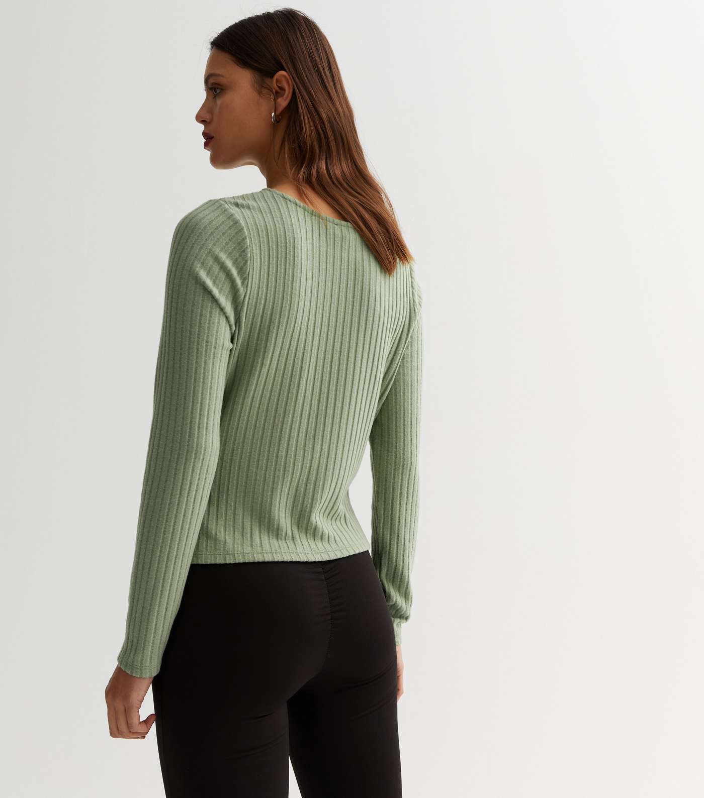 Olive Brushed Ribbed Knit Twist Front Top Image 4