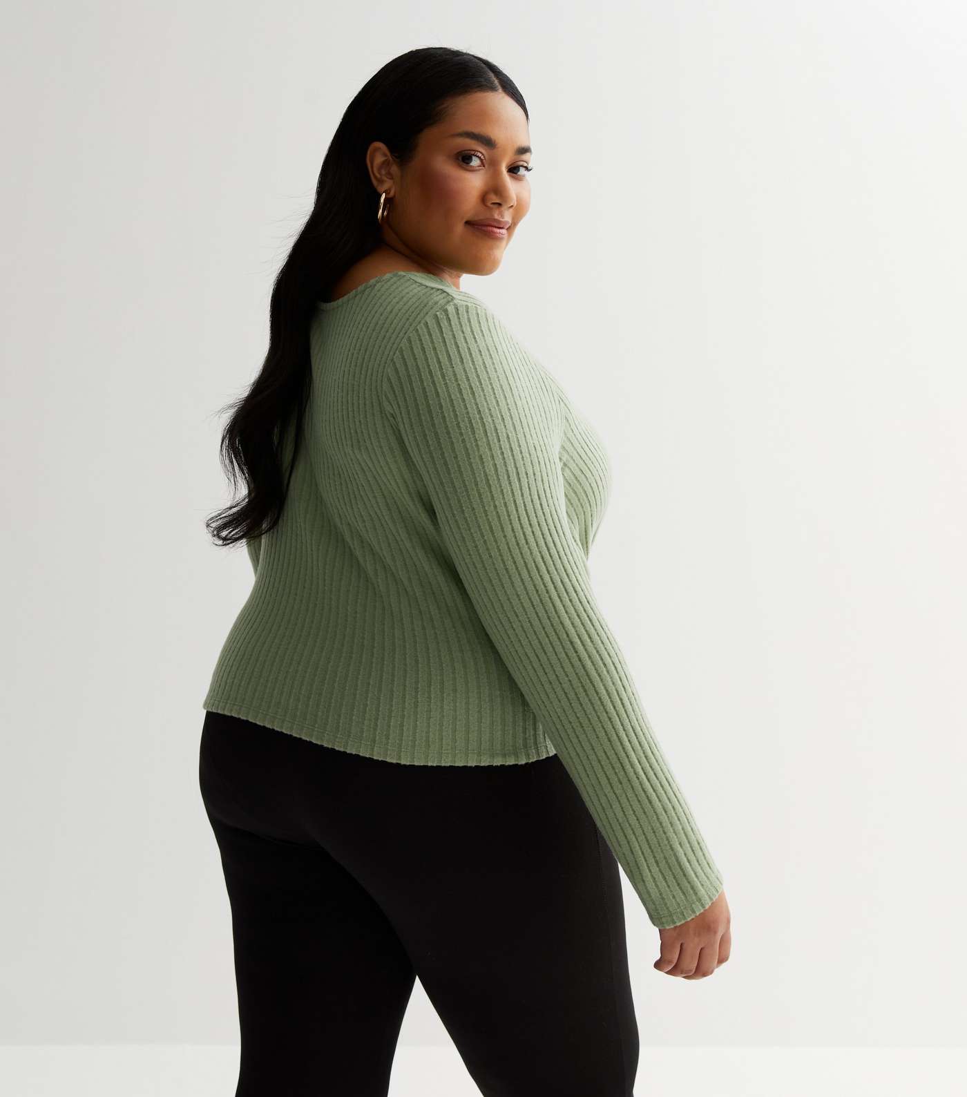 Olive Brushed Ribbed Knit Twist Front Top Image 6