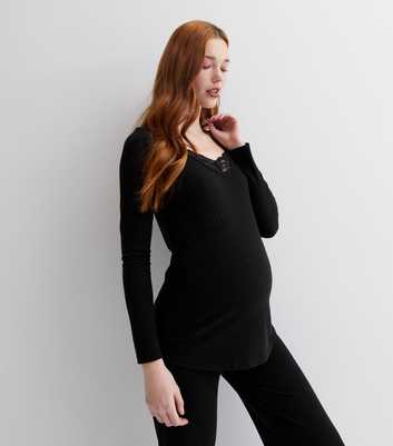 Maternity Black Jersey V Neck Long Sleeve Lace Insert Top
