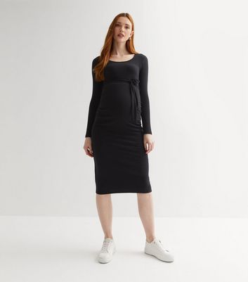 Maternity Black Ribbed Scoop Neck Long Sleeve Belted Midi Dress