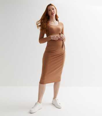 Maternity Light Brown Ribbed Scoop Neck Long Sleeve Belted Midi Dress