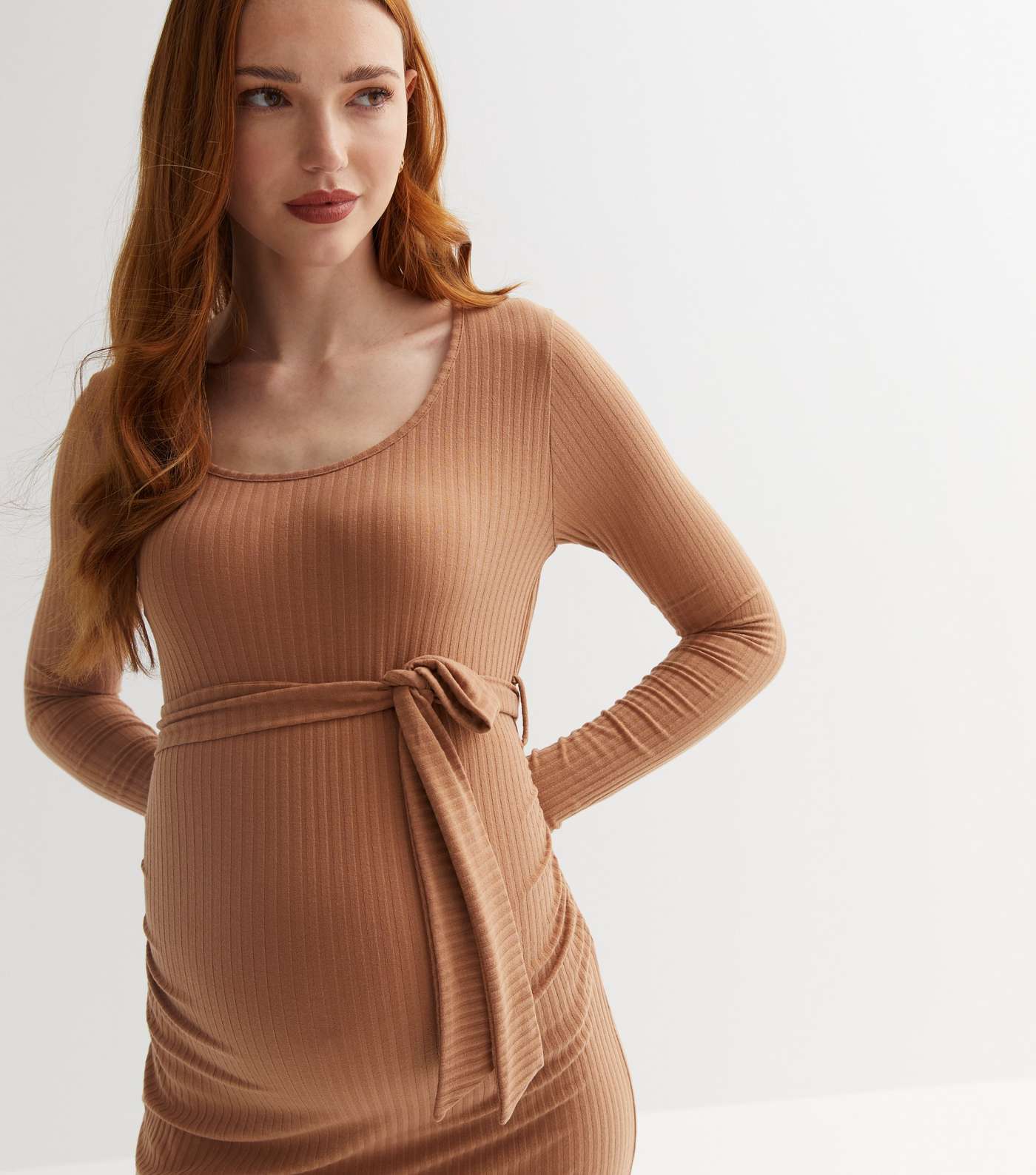 Maternity Light Brown Ribbed Scoop Neck Long Sleeve Belted Midi Dress Image 2