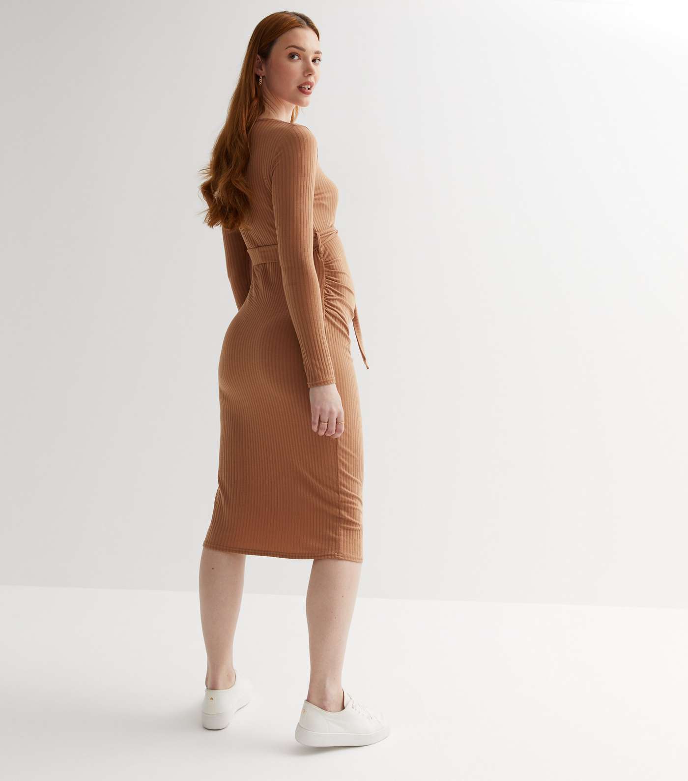 Maternity Light Brown Ribbed Scoop Neck Long Sleeve Belted Midi Dress Image 4