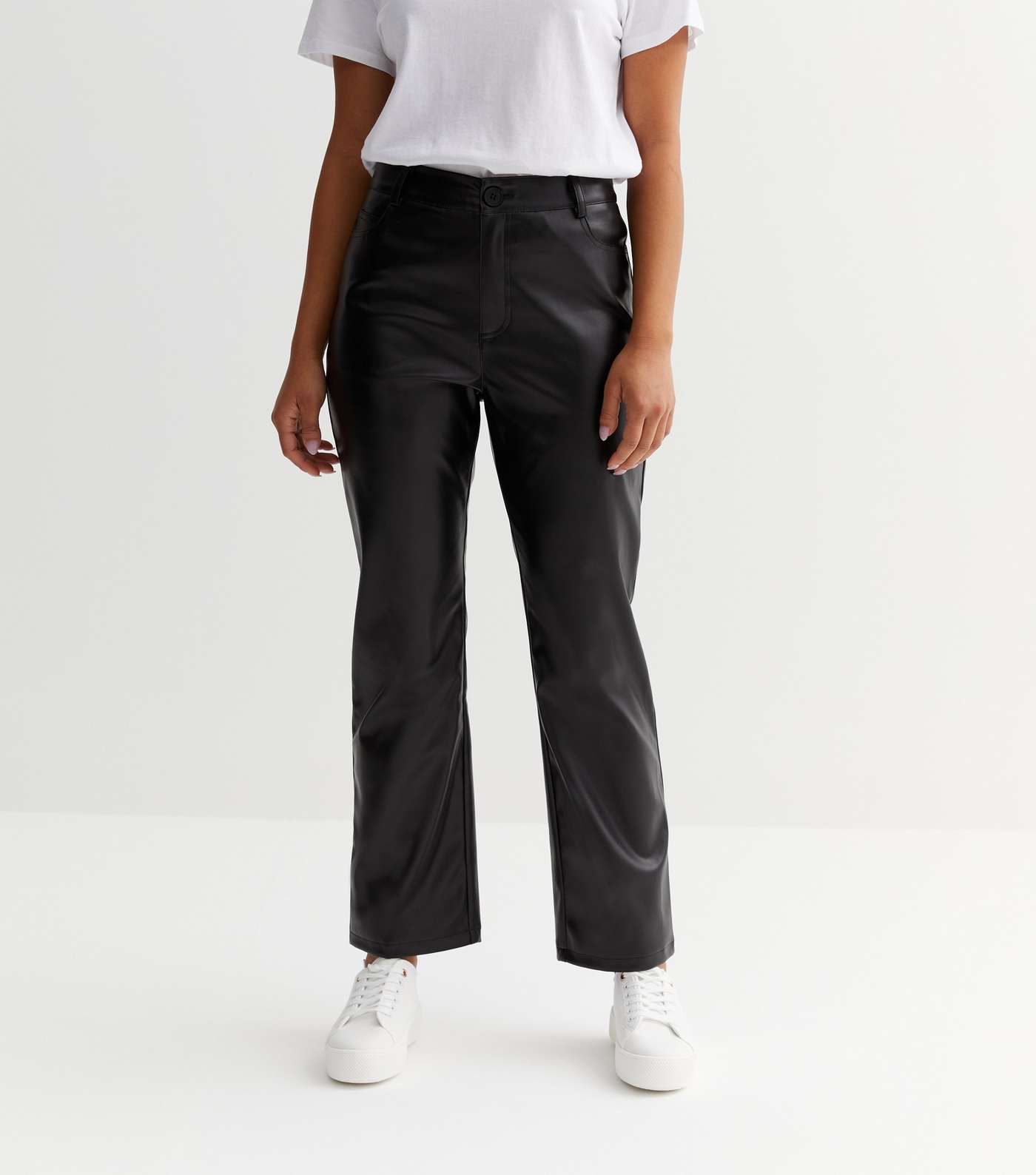 Petite Black Leather-Look High Waist Western Trousers Image 3