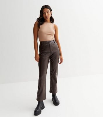 Petite Dark Brown Leather-Look High Waist Western Trousers
