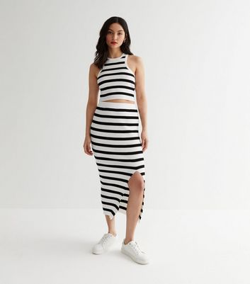 Petite White Stripe Ribbed Knit Midi Skirt
