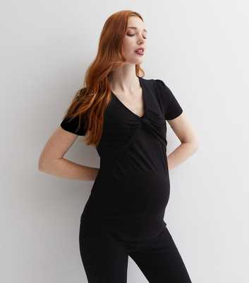 Maternity Black Jersey V Neck Short Sleeve Twist Front Top