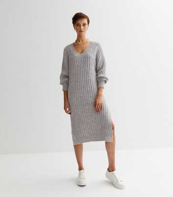 Pale Grey Ribbed Brushed Knit Midi Dress