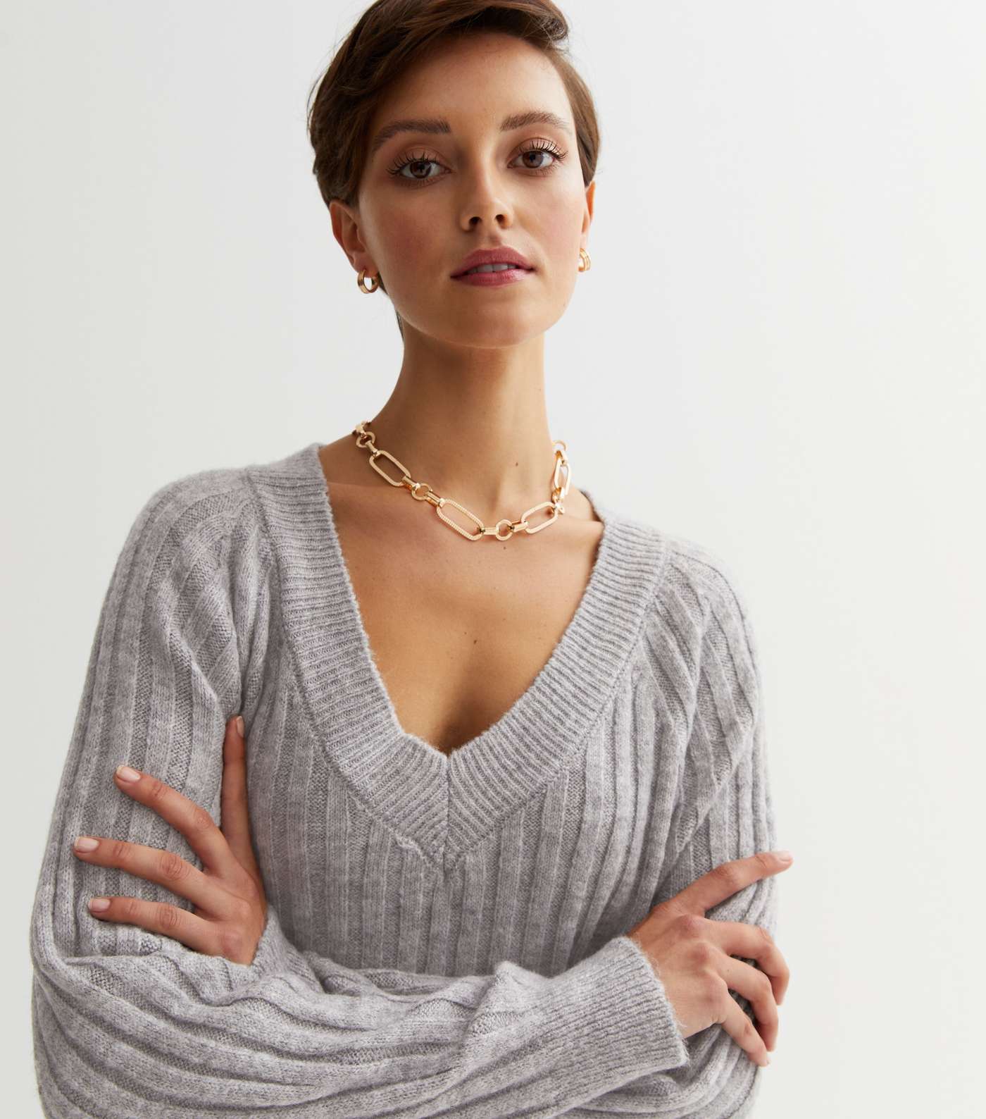 Pale Grey Ribbed Brushed Knit Midi Dress Image 2