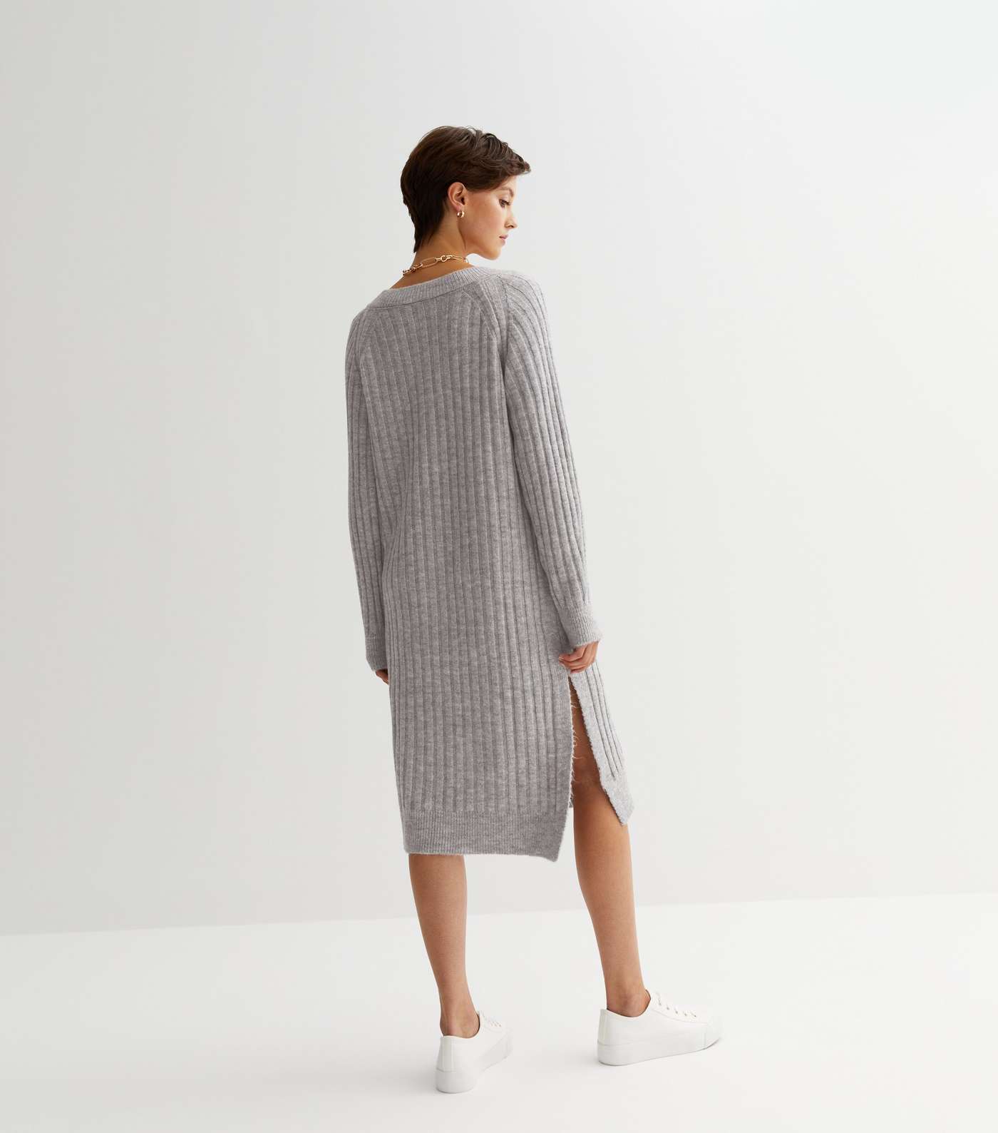 Pale Grey Ribbed Brushed Knit Midi Dress Image 4