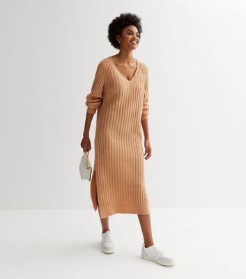 Camel Ribbed Brushed Knit Midi Dress New Look