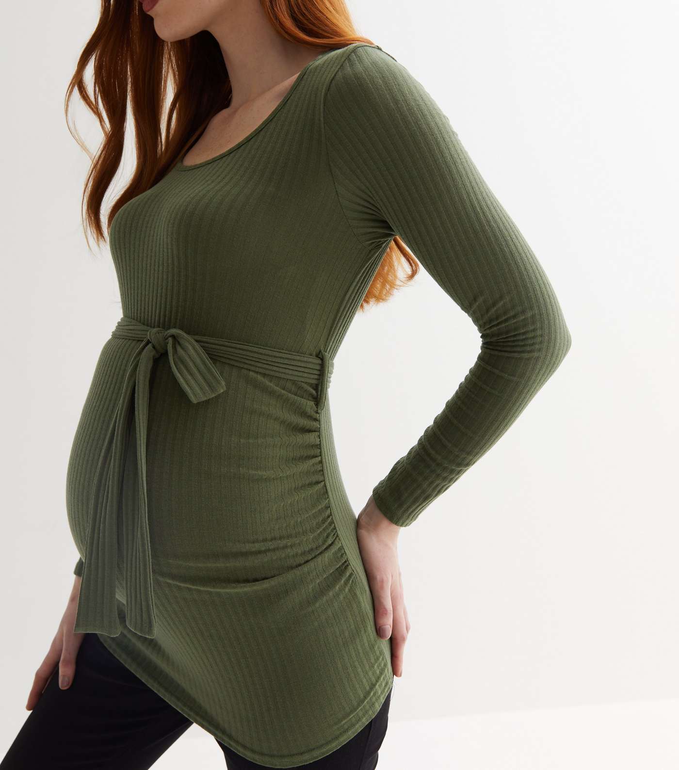 Maternity Khaki Scoop Neck Long Sleeve Belted Top Image 3