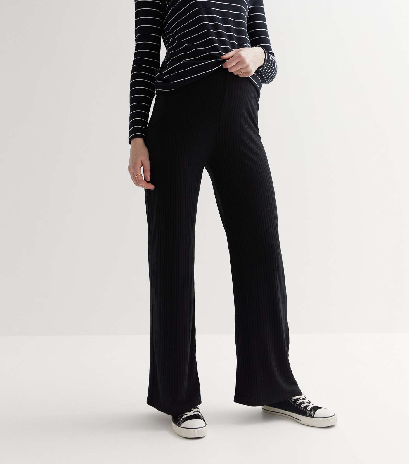 Maternity Black Ribbed Wide Leg Trousers Image 2