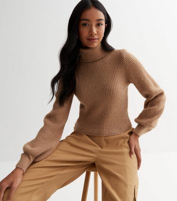 Camel Chunky Knit Roll Neck Crop Jumper