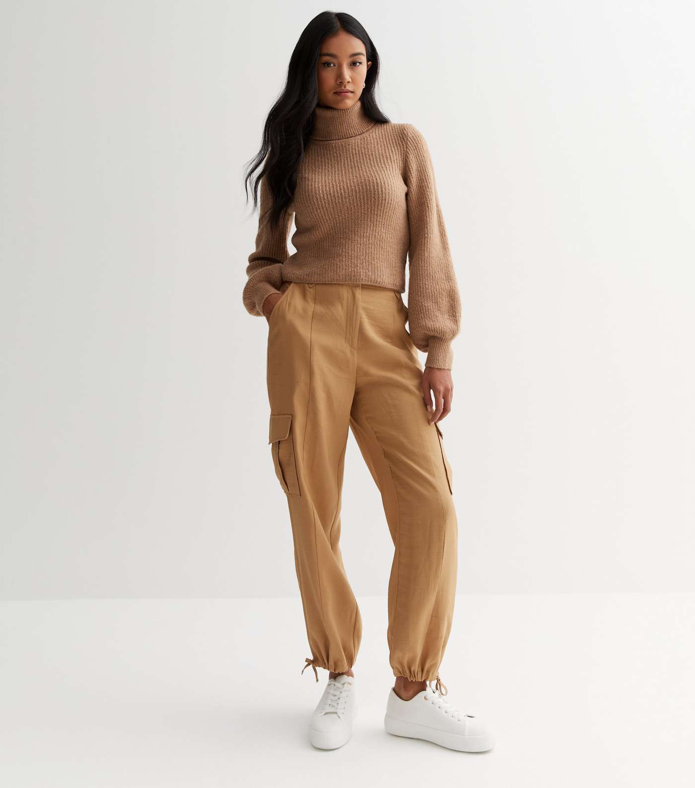 Camel Chunky Knit Roll Neck Crop Jumper Image 2