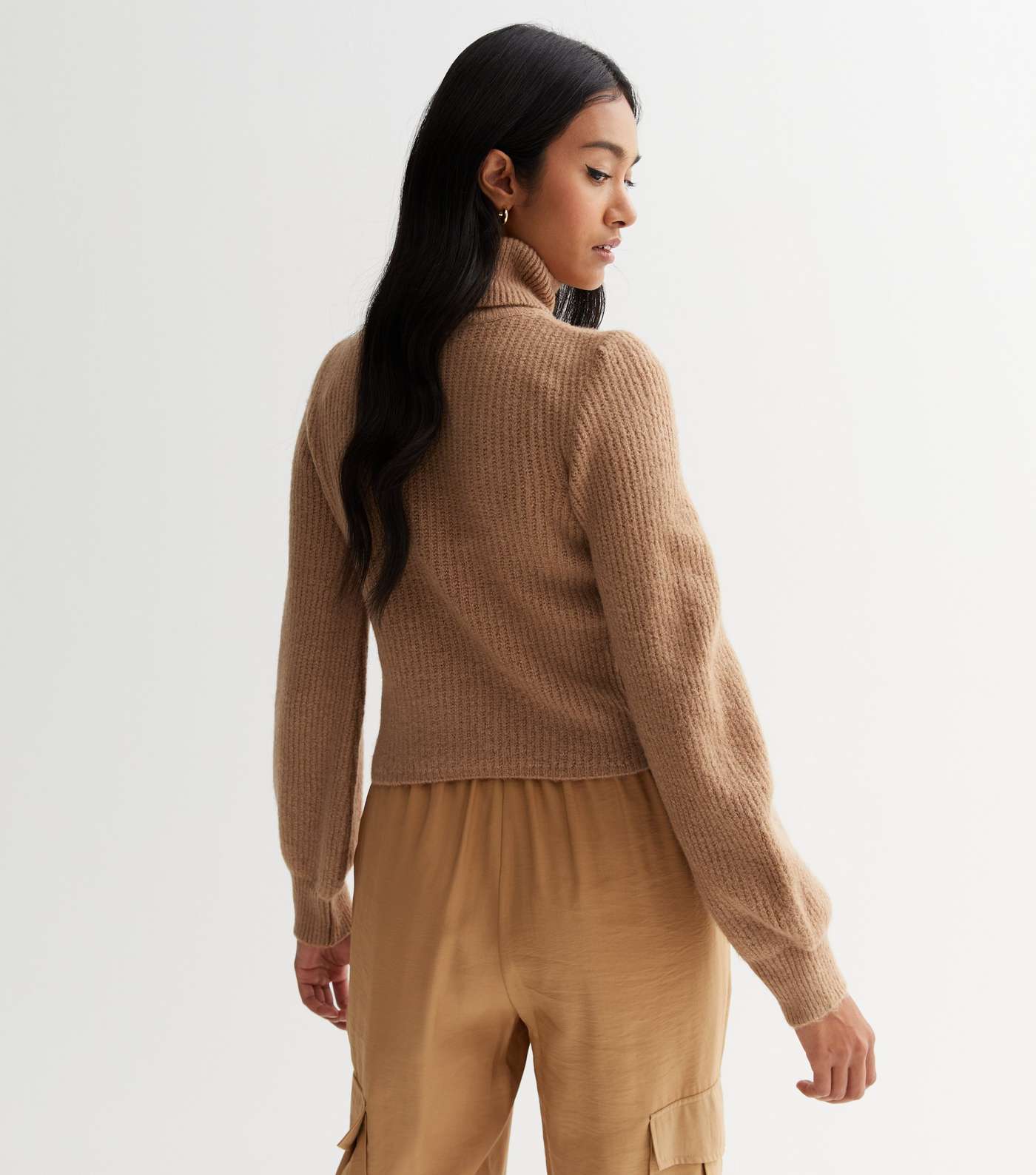 Camel Chunky Knit Roll Neck Crop Jumper Image 4