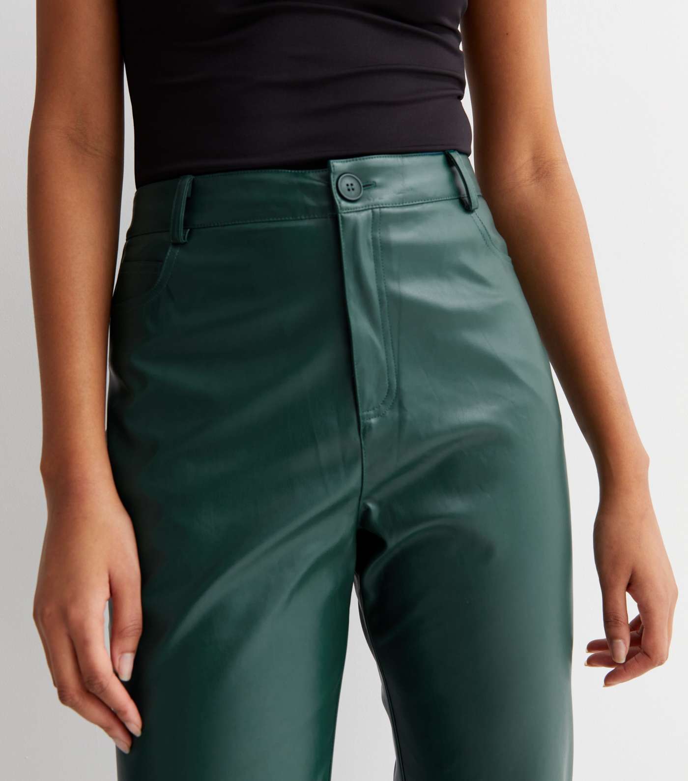Tall Dark Green Leather-Look Trousers Image 3
