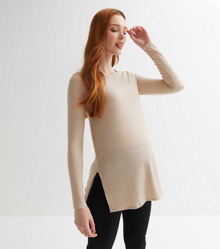 Maternity Stone Ribbed Long Sleeve Split Hem Top | New Look