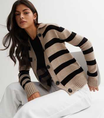 Light Brown Stripe Knit Collared Button Front Cardigan