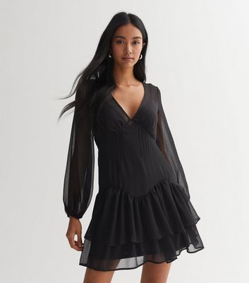 Black Chiffon Long Sleeve Tiered Mini Dress